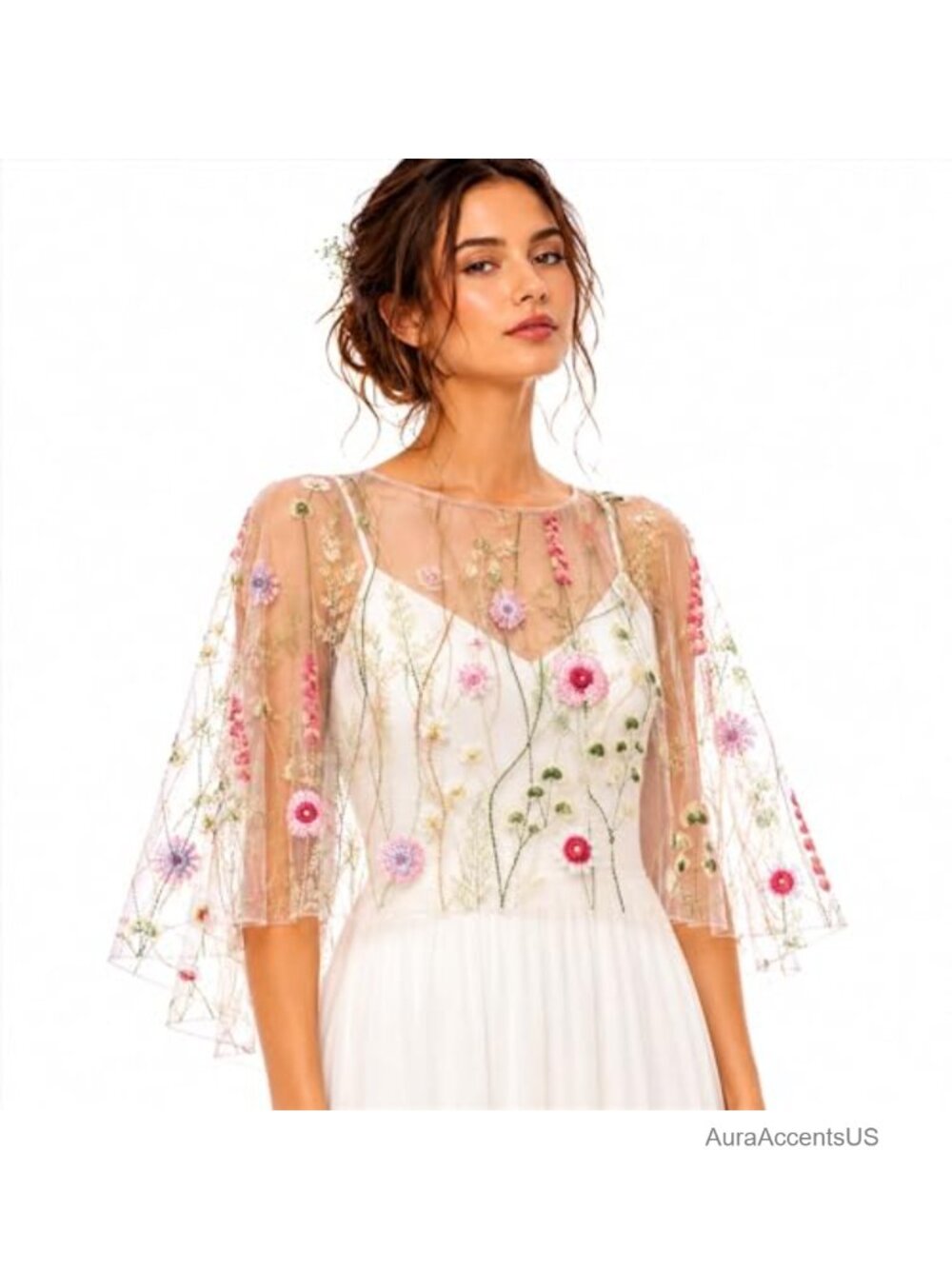 Embroidered Tulle Bridal Capelet, Boho Wedding Cape, Sheer Overlay, Lightweight